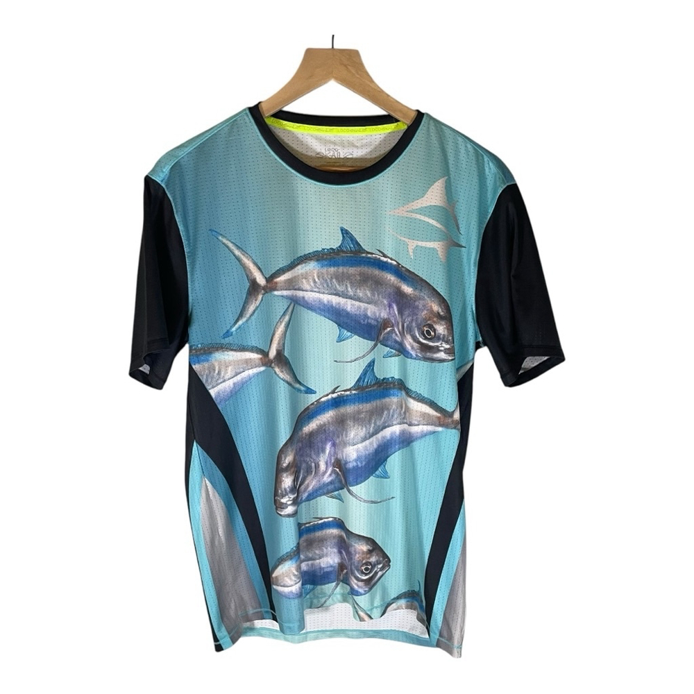 Loco‎ Skailz Mens Dry Fit Shirt S Small Light Blue Fish Mural Stain Resistant